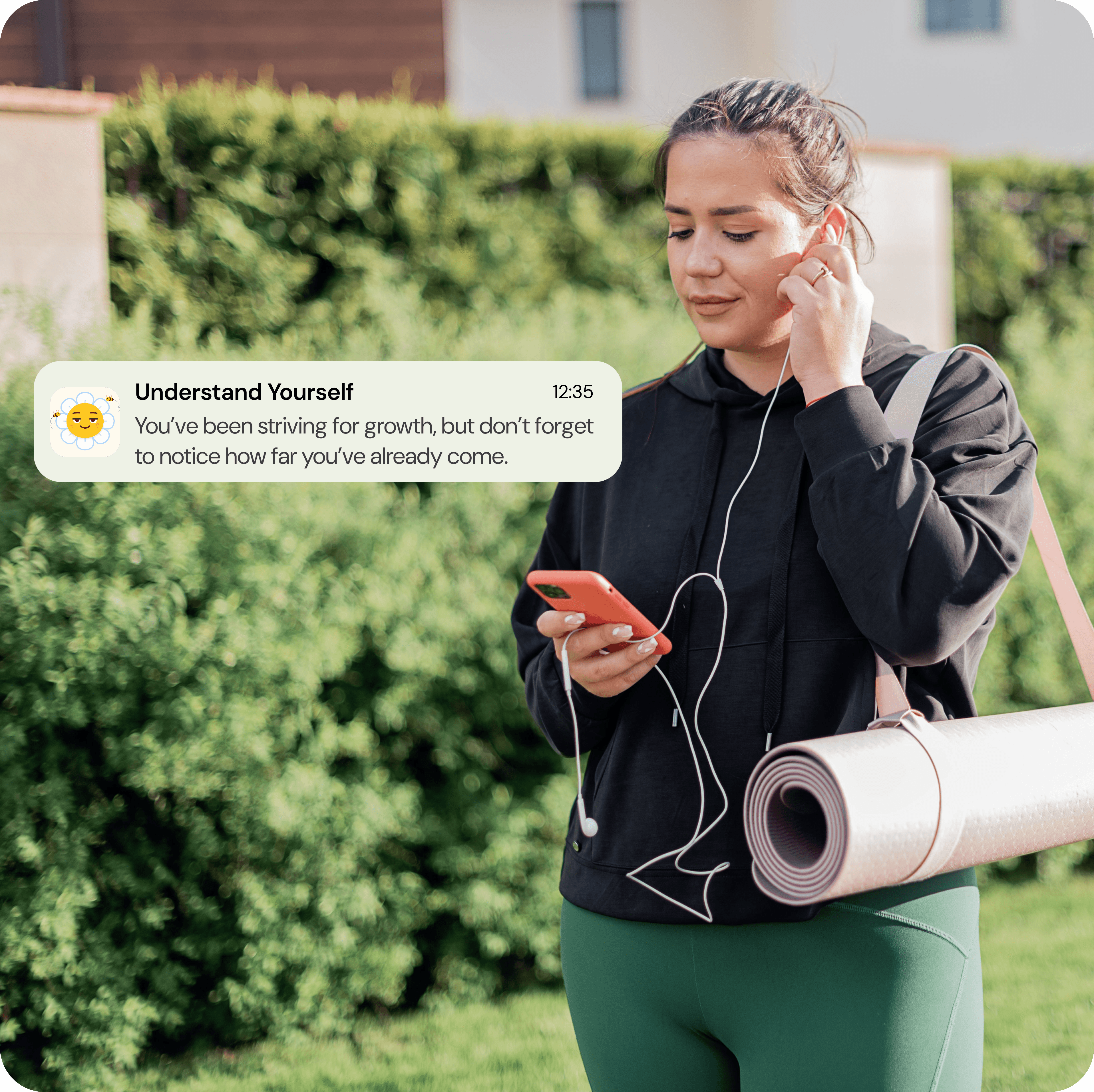 Woman checking her phone outdoors with a Storia daily spark notification