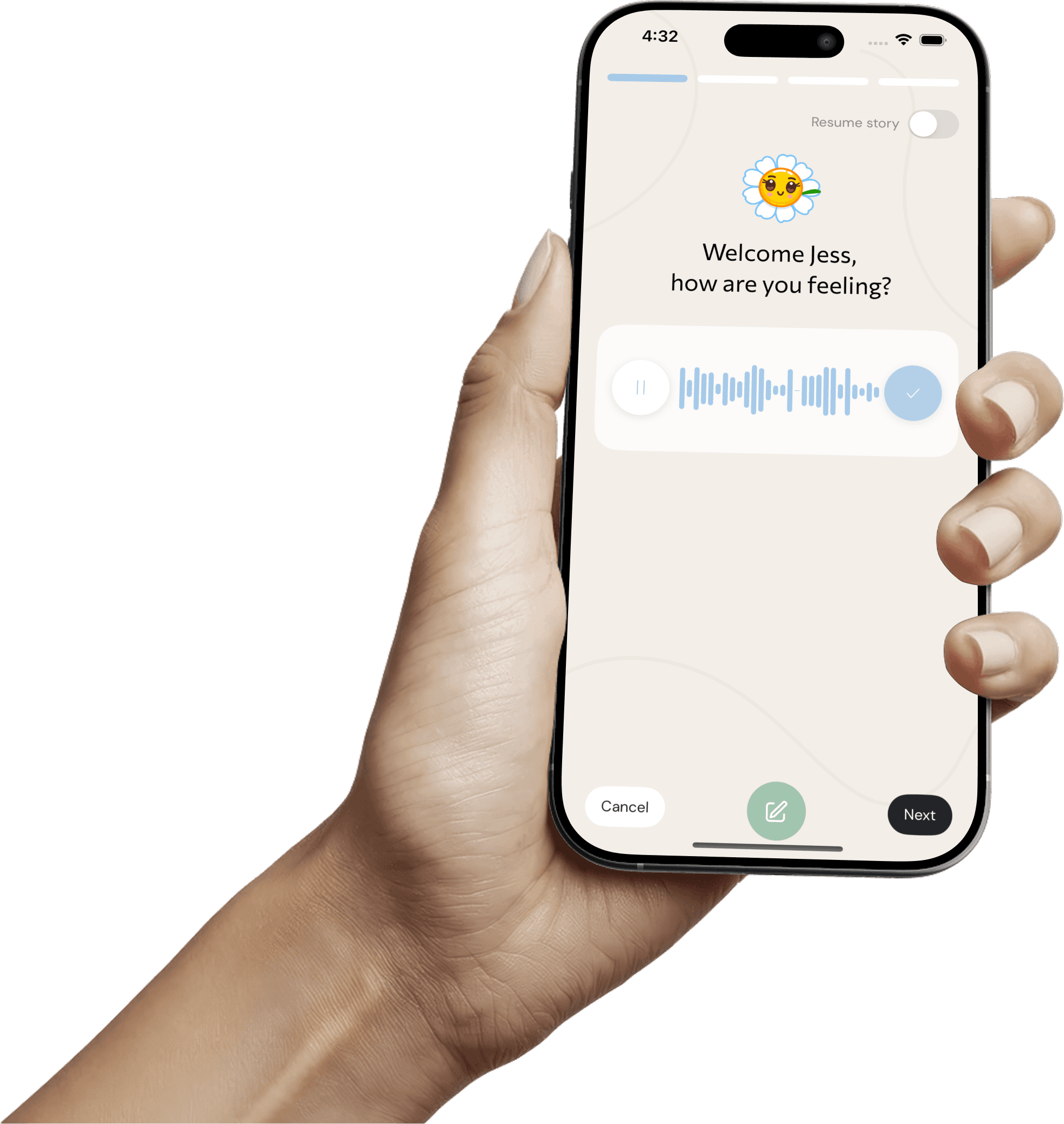Hand holding a phone showing Storia's daily check-in screen