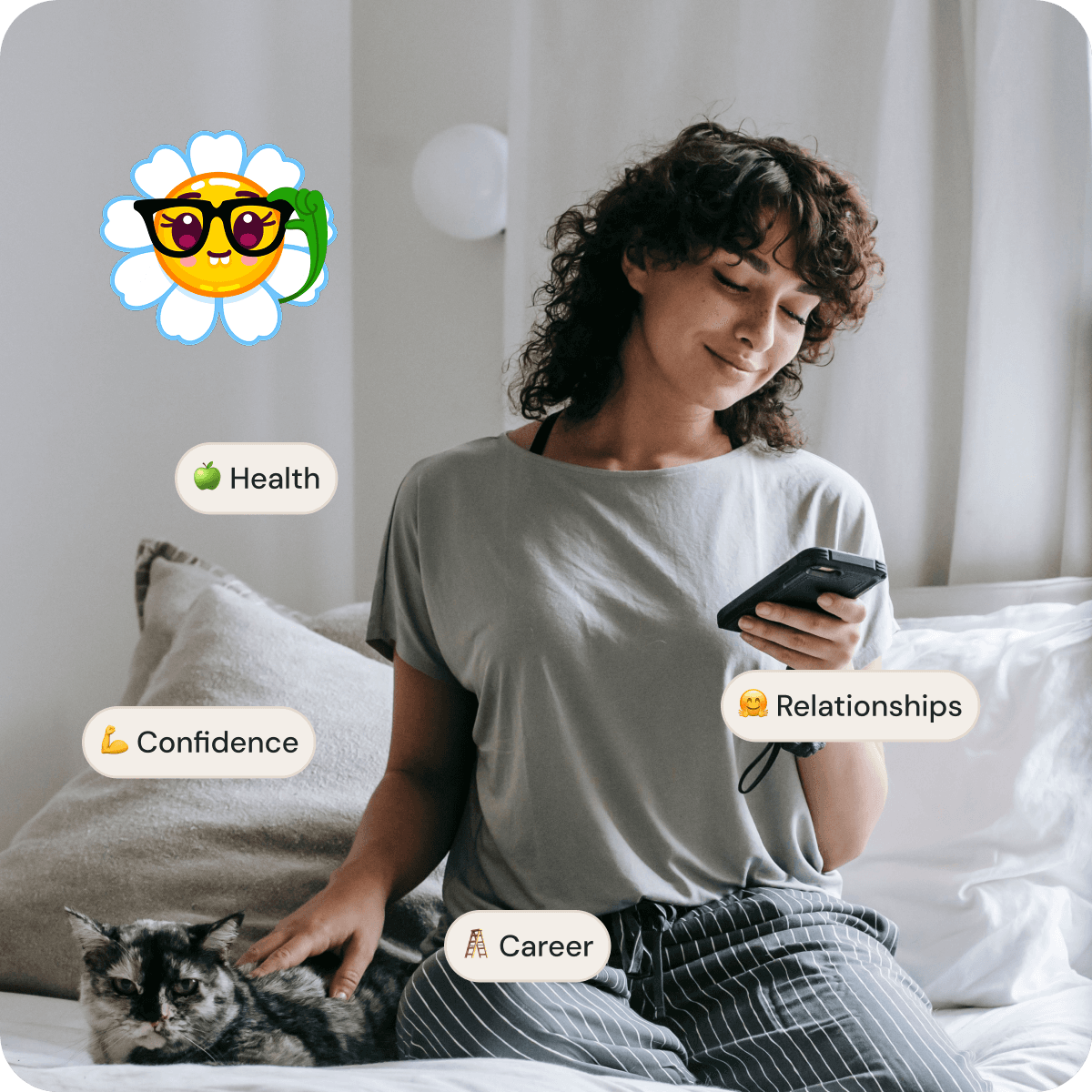 Woman using Storia outdoors with life area tags for career, confidence, health, relationships, and burnout