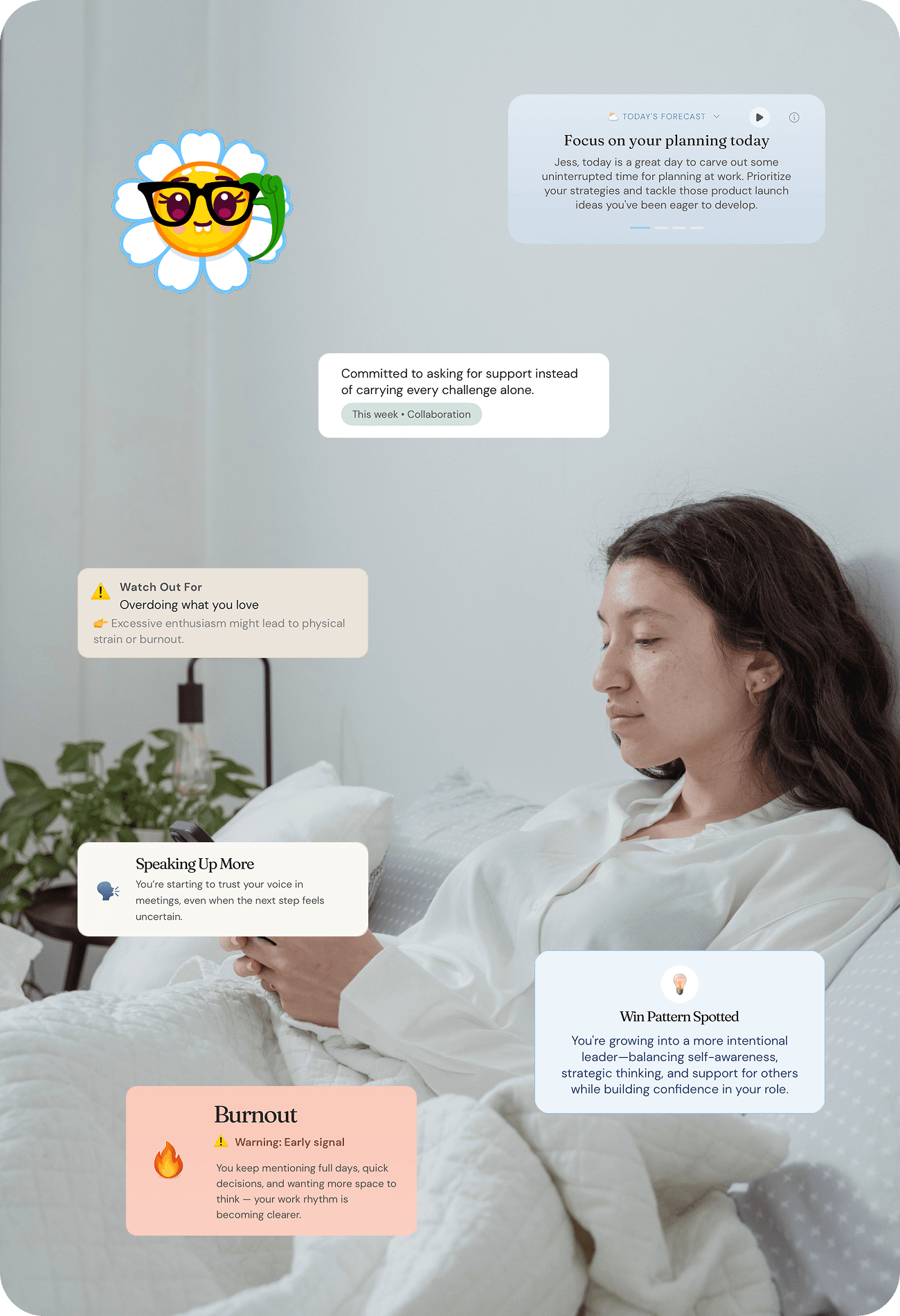 Woman using Storia with personalised insights and coaching cards