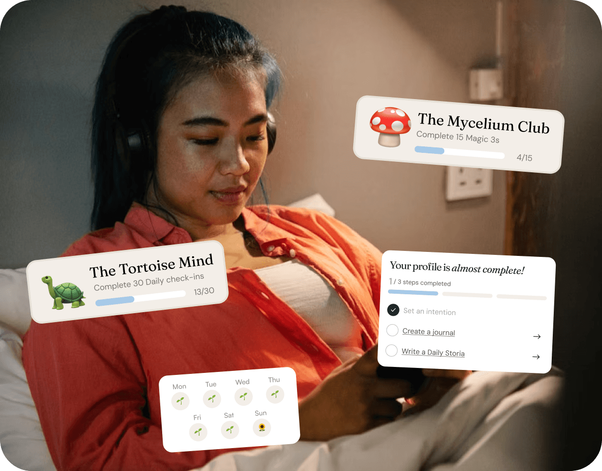 Storia app showing daily check-in, weekly progress, and achievement badges